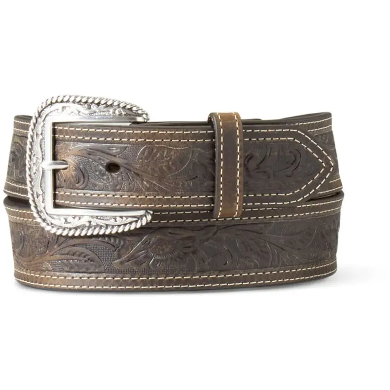Ariat Tooled Leather Belt – Double-Stitched Brown Design 1