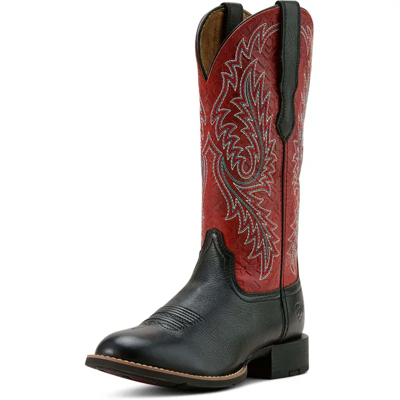 Ariat Women'S Round Up Stretchfit Western Boots – Black Deertan With Garnet Embossed Detail 1