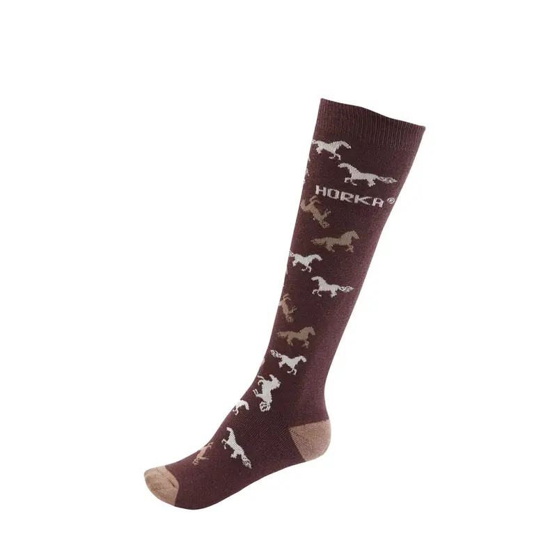 Horka Horse-Print Riding Socks – Dark Brown & Beige Equestrian Sock Design 1